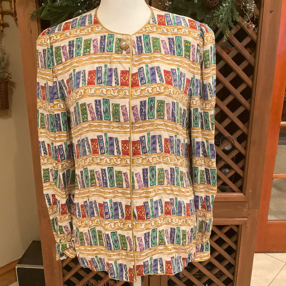 Vintage Maggy London Silk Bookshelf Artsy Librarian Print Button Blouse Size 4